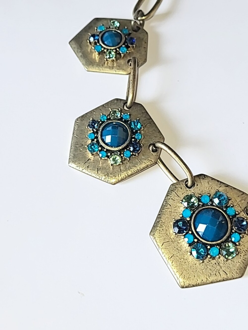 Mythologie Statement Necklace with Teal, Blue & Green Stones In Antiqued Gold - Picture 3 of 9